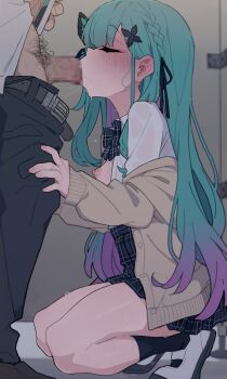 1boy 1girl black_skirt black_socks blush bow bowtie braid breasts breasts_out butterfly_hair_ornament censored closed_eyes collared_shirt dress_shirt fellatio full_body gradient_hair green_hair hair_ornament hetero highres hololive jacket kakure_eria kneehighs kneeling loli long_hair long_sleeves mosaic_censoring multicolored_hair nipples off_shoulder open_clothes open_jacket open_shirt oral penis plaid_clothes plaid_skirt pubic_hair shirt shoes sidelocks skirt small_breasts socks squatting uruha_rushia uruha_rushia_(school_uniform) uwabaki virtual_youtuber white_shirt