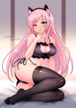 1girl animal_ears arm_support ass bed black_bra black_panties black_thighhighs blush bra breasts cat_cutout cat_ear_panties cat_ears cat_girl cat_lingerie cleavage cleavage_cutout clothing_cutout collarbone commission earrings eyeshadow fake_animal_ears finger_to_mouth green_eyes jewelry large_breasts light_particles long_hair looking_at_viewer navel on_bed one_eye_closed original panties pink_eyeshadow pink_hair side-tie_panties sitting smile sugarbell thighhighs underwear wink