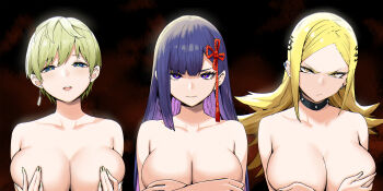 3girls :/ absurdres annoyed black_collar blonde_hair blue_eyes blunt_bangs breasts character_request cleavage collar collarbone commentary_request covering_breasts covering_nipples covering_privates earrings frown hair_ornament highres izumo_tenka jewelry kamiunten_mira large_breasts long_sleeves looking_at_viewer mato_seihei_no_slave multiple_girls nude parted_bangs parted_lips pout purple_eyes purple_hair short_hair single_earring sky-freedom smile spiked_collar spikes take_your_pick tassel tassel_earrings teasing v-shaped_eyebrows yamashiro_ren yellow_eyes