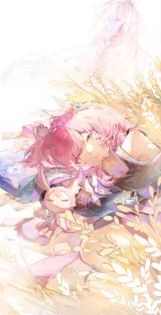2girls autumnrain2051 book coat cyrene_(aedes_elysiae)_(honkai:_star_rail) cyrene_(honkai:_star_rail) cyrene_(ripples_of_past_reverie)_(honkai:_star_rail) dual_persona hashtag-only_commentary highres honkai:_star_rail honkai_(series) long_hair lying mem_(honkai:_star_rail) multiple_girls on_side outdoors pink_hair purple_coat short_hair sleeping very_long_hair wheat wheat_field