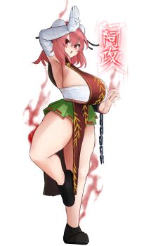 1girl absurdres armpits arms_up breasts chest_sarashi commentary_request highres ibaraki_kasen large_breasts naked_tabard presenting_armpit sarashi shinonome_zakuro tabard thighs touhou