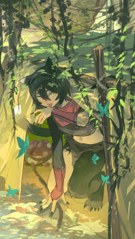 1girl absurdres animal_ears black_hair black_nails blue_butterfly bug butterfly cat_ears cat_girl danbaofan_omuless dungeon_meshi hair_between_eyes highres insect izutsumi midriff navel red_scarf scarf short_hair smile solo tongue tongue_out walking_mushroom_(dungeon_meshi) yellow_eyes