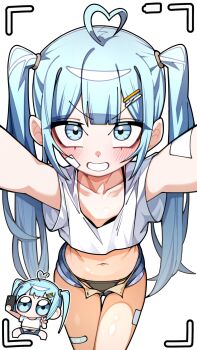 1girl ahoge arahashi_tabi bad_tag bandaid bandaid_on_face bandaid_on_leg battery_indicator black_panties blue_eyes blue_shorts blunt_bangs blush bra bra_peek chibi chibi_inset collarbone cowboy_shot cropped_shirt denim denim_shorts dot_nose fake_phone_screenshot fake_screenshot grin hair_ornament hairclip heart heart_ahoge helmet highres leaning_forward long_hair navel open_fly panties reaching reaching_towards_viewer sammi_(33ammi) selfie shirt short_shorts shorts sidelocks simple_background smile stellive string_panties t-shirt twintails underwear v viewfinder white_background white_shirt