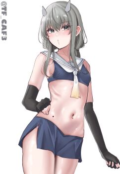 1girl absurdres black_gloves blue_shirt blue_skirt blush breasts collarbone cowboy_shot crop_top cropped_shirt elbow_gloves fingerless_gloves from_below gloves gradient_neckerchief grey_eyes grey_hair hair_between_eyes hashtag-only_commentary headgear highres i-201_(kancolle) kantai_collection long_hair long_sidelocks looking_at_viewer low_twintails microskirt mole mole_on_stomach navel neckerchief one-hour_drawing_challenge open_mouth sailor_collar shirt side_slit sidelocks simple_background skirt sleeveless sleeveless_shirt small_breasts solo standing stomach tf_cafe twintails twitter_username white_background white_neckerchief white_sailor_collar yellow_neckerchief