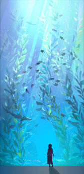 1girl aquarium arms_at_sides chinese_commentary commentary commentary_request english_commentary facing_away fish highres light_rays looking_up mixed-language_commentary original seaweed shadow shark silhouette skirt solo tennohi