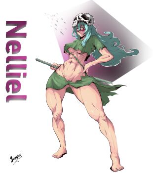1girl 2023 abs artist_name barefoot bleach breasts character_name closed_mouth espada facial_mark female_focus full_body green_hair hand_on_own_hip highres holding holding_sword holding_weapon hollow_mask juggler_(sun_juggler) long_hair mask mask_on_head navel nelliel_tu_odelschwanck no_panties simple_background skull_on_head stomach sword toned toned_female underboob weapon white_background