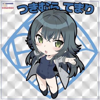 Rule 34 | 1girl, :o, black hair, black shoes, checkered background, chibi, coat, collarbone, covered navel, food, from above, full body, gakuen idolmaster, green eyes, grey background, grey coat, hair between eyes, hair flaps, hand on own face, idolmaster, inset border, light blush, light frown, long hair, long sleeves, noodles, open clothes, open coat, open hand, outstretched arm, ramen, school swimsuit, shoes, solo, standing, swimsuit, tsukimura temari, v-shaped eyebrows, very long hair, watanabe akio