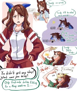 1girl absurdres animal_ears bags_under_eyes bow breasts brown_hair cellphone closed_mouth collarbone crescent_moon dropping ear_bow ear_covers ear_ribbon english_text green_bow green_pajamas gym_shirt hair_between_eyes highres holding holding_phone horse_ears horse_girl jacket king_halo_(umamusume) kiora06 long_hair lying moon on_back open_mouth pajamas pants phone pillow red_eyes red_jacket red_pants shirt short_sleeves sleepy smartphone speech_bubble towel towel_around_neck tracen_training_uniform track_jacket umamusume under_covers watching_television white_shirt