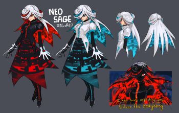 Rule 34 | 1girl, absurdres, aged up, alternate costume, alternate hair length, alternate hairstyle, artist name, black jacket, black skirt, blue hair, character name, closed mouth, colored inner hair, commentary, empty eyes, english commentary, english text, frown, full body, gloves, glowing, glowing hair, grey background, hair over one eye, highres, jacket, kornart, long hair, multicolored hair, multiple views, neo sage (sonic), puffy short sleeves, puffy sleeves, red eyes, red hair, reference sheet, sage (sonic), shaded face, short sleeves, simple background, skirt, sonic (series), twitter username, white gloves, white hair, white jacket