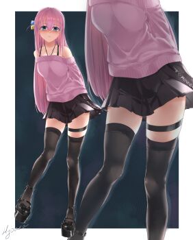 1girl absurdres adapted_costume aqua_background arms_behind_back backlighting bare_shoulders black_bow black_shoes black_skirt black_thighhighs blue_eyes blush bocchi_the_rock! bow collarbone commentary cube_hair_ornament eyes_visible_through_hair footwear_bow full_body gotoh_hitori hair_between_eyes hair_ornament highres hyouka_(hyouka_hyouka) legs long_hair long_sleeves looking_at_viewer lower_body miniskirt multiple_views off-shoulder_sweater off_shoulder one_side_up outside_border parted_lips pink_hair pink_sweater pleated_skirt shoes signature simple_background skirt standing star_(symbol) straight_hair sweater thigh_strap thighhighs thighs very_long_hair zettai_ryouiki