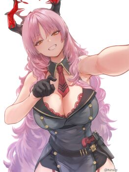 1girl absurdres armpits bare_arms bare_shoulders belt black_dress black_gloves blue_archive breasts buttons cleavage cowboy_shot demon_horns detached_collar dress gloves grin gun halo handgun highres holstered horns large_breasts long_hair looking_at_viewer marulire mauser_c96 mole mole_on_breast necktie orange_eyes outstretched_arm pink_hair satsuki_(blue_archive) short_necktie simple_background sleeveless sleeveless_dress smile solo v-shaped_eyebrows very_long_hair weapon white_background