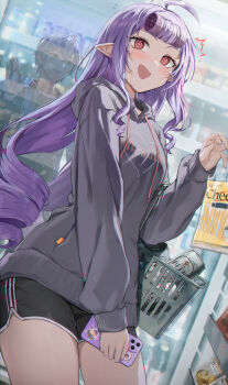 1boy 1girl @_@ absurdres ahoge alternate_costume beer_can black_shorts blush breasts can caught cellphone dolphin_shorts drill_hair drink_can embarrassed food grey_sweater hair_rollers highres holding holding_phone long_hair luzzi_(milllim) medium_breasts notice_lines open_mouth phone pointy_ears purple_hair red_eyes shopping_basket shorts sidelocks smartphone snack sweatdrop sweater twin_drills vivian_banshee waving wise_(zenless_zone_zero) zenless_zone_zero