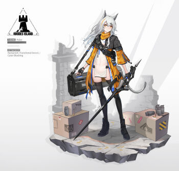 1girl absurdres animal_ears arknights black_boots black_gloves black_thighhighs boots box cardboard_box coat commentary_request explosive faux_figurine fingerless_gloves gloves grenade hair_ornament hairclip high_heel_boots high_heels highres holding holding_sword holding_weapon long_hair moonface multicolored_hair original photoshop_(medium) rebar rhodes_island_logo_(arknights) shadow solo standing sword tail thighhighs two-tone_hair weapon white_hair yellow_coat yellow_eyes zipper