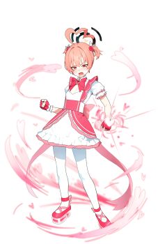 1girl absurdres ahoge alternate_costume anklet aura back_bow black_nails blue_archive bow bowtie breasts cleavage_cutout clothing_cutout dress fang fingerless_gloves flower frilled_dress frills gloves hair_flower hair_ornament hair_ribbon halo heart highres huge_ahoge jewelry magical_girl mole mole_under_each_eye mole_under_eye multiple_moles neru_(blue_archive) open_mouth orange_hair pantyhose pink_bow pink_dress pink_gloves pink_ribbon pink_shoes platform_heels pyytato red_eyes ribbon shoes short_hair short_twintails small_breasts solo standing twintails white_background white_dress white_pantyhose white_ribbon