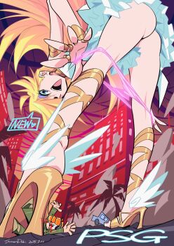 angel ass bare_hips bare_legs blonde_hair blood brief_(psg) city dress feet freckles giant high_heels highres huge_ass legs monmon5454 nail_polish nosebleed panties panty_&amp;_stocking_with_garterbelt panty_(psg) panty_pull pink_panties smile underwear unworn_panties