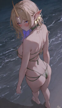 1girl ass bikini blonde_hair blush breasts butt_crack cartethyia_(wuthering_waves) dual_persona earrings fleurdelys_(wuthering_waves) full_body highres horns jewelry kairo_(kairouji) large_breasts long_hair looking_at_viewer pointy_ears solo swimsuit tacet_mark_(wuthering_waves) wuthering_waves yellow_horns