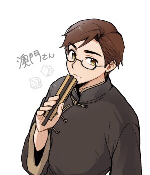 1boy axis_powers_hetalia black-framed_eyewear black_shirt brown_hair chinese_clothes closed_mouth dice fingernails glasses hand_fan highres holding holding_fan itohen_1106 long_sleeves longpao looking_at_viewer macau_(hetalia) male_focus mandarin_collar semi-rimless_eyewear shirt short_hair smile solo wide_sleeves yellow_eyes