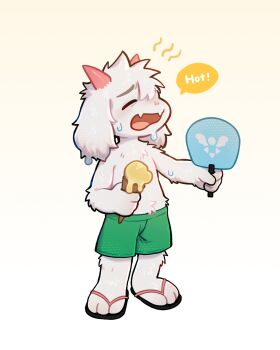 1boy absurdres chibi closed_mouth commentary deltarune english_commentary english_text food furrowed_brow furry furry_male goat_horns green_shorts hand_fan highres holding holding_fan holding_ice_cream_cone horns ice_cream ice_cream_cone male_focus ralsei shorts slippers speech_bubble sweat utdr_(toby_fox) white_background white_fur yukiyuno1760617