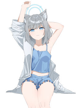 1girl absurdres alternate_costume animal_ear_fluff animal_ears arm_behind_head armpits arms_up blue_archive blue_camisole blue_eyes blue_halo blue_shorts bright_pupils camisole clenched_hand collarbone commentary cowboy_shot diamond-shaped_pupils diamond_(shape) earrings extra_ears eyelashes frilled_shorts frills grey_hair hair_between_eyes halo highres ixia559 jewelry light_smile looking_at_viewer loungewear medium_hair midriff mismatched_pupils navel open_clothes open_shirt oversized_clothes oversized_shirt parted_lips shiroko_(blue_archive) shirt shorts simple_background sitting solo straight_hair stretching stud_earrings symbol-shaped_pupils thighs white_background white_pupils white_shirt wolf_ears wolf_girl