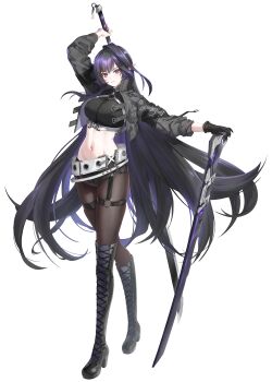 bdsm belt black_hair bondage boots bound chest_harness closers full_body gloves harness highres jacket long_hair midriff open_mouth pointy_ears sheath short_shorts shorts sword thighhighs triss_(closers) tsurime very_long_hair weapon