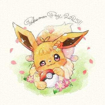 Rule 34 | 2025, :3, animal focus, blunt bangs, brown fur, commentary request, eevee, falling petals, flower, fluffy, full body, gen 1 pokemon, hair flower, hair ornament, highres, looking at viewer, lying, miketoevecan, nintendo, no humans, on grass, on stomach, petals, pink flower, poke ball, pokemon, pokemon (creature), pokemon day, pokemon focus, purple eyes, red flower, simple background, solo, white background, yellow fur