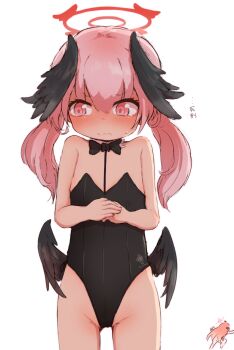 2girls alternate_costume black_bow black_bowtie black_leotard black_wings blue_archive blush bow bowtie feathered_wings flat_chest halo head_wings highres kazekiri koharu_(blue_archive) leotard multiple_girls pink_eyes pink_hair simple_background strapless strapless_leotard twintails white_background wings