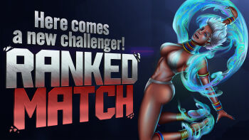 1girl abs absurdres anklet armlet bikini blue_eyes blue_nails breasts criss-cross_halter dark-skinned_female dark_skin earrings elena_(street_fighter) feet full_body halterneck highres jewelry jumping looking_at_viewer open_mouth short_hair solo street_fighter swimsuit white_hair