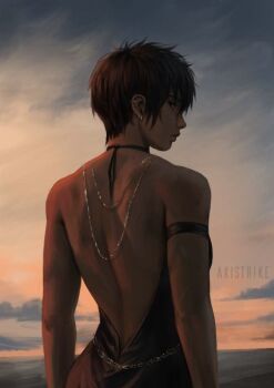 aki_(akistrike) berserk brown_eyes brown_hair casca_(berserk) chain commentary dark-skinned_female dark_skin dress earrings english_commentary from_behind gold_earrings jewelry necklace short_hair sunset tomboy