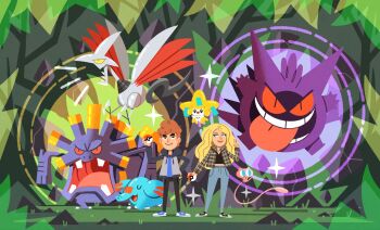 1boy 1girl aqua_eyes black_pants black_shirt black_shoes blonde_hair blue_pants blue_shirt blue_shoes brown_hair closed_eyes closed_mouth commentary commission couple curly_hair english_commentary exploud floating flying gen_1_pokemon gen_2_pokemon gen_3_pokemon gengar grass grey_jacket hand_on_own_hip highres holding holding_poke_ball hood hood_down hooded_jacket jacket jirachi julesdrawz legendary_pokemon lips long_hair long_sleeves lower_teeth_only mew_(pokemon) mythical_pokemon nintendo nostrils open_mouth original outdoors pants phanpy plaid_clothes plaid_jacket poke_ball poke_ball_(basic) pokemon pokemon_(creature) pokemon_team sharp_teeth shirt shoes short_hair skarmory smile standing teeth tongue tongue_out toon_(style) v-neck v-shaped_eyes