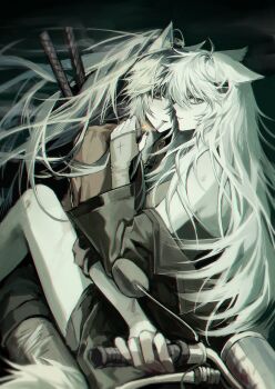 Rule 34 | 2girls, absurdres, animal ears, ara 200117, arknights, black hair, cigarette, closed mouth, commentary, grey eyes, hair ornament, hairclip, highres, holding, holding lighter, lappland (arknights), lighter, long hair, long sleeves, motor vehicle, motorcycle, multiple girls, multiple riders, orange eyes, parallel hairclips, symbol-only commentary, texas (arknights), white hair, wolf ears, wolf girl, yuri