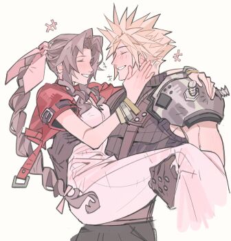 1boy 1girl aerith_gainsborough arm_around_neck arm_around_waist armor bangle black_pants blonde_hair blush bracelet braid braided_ponytail breasts brown_gloves brown_hair carrying closed_eyes cloud_strife couple cropped_jacket dress final_fantasy final_fantasy_vii final_fantasy_vii_remake gloves hair_between_eyes hair_ribbon hand_on_another&#039;s_cheek hand_on_another&#039;s_face hetero highres jacket jewelry long_dress long_hair medium_breasts mmmckayyy pants parted_bangs parted_lips pauldrons pink_dress pink_ribbon princess_carry red_jacket remake ribbon short_hair short_sleeves shoulder_armor sidelocks single_braid single_pauldron sleeveless sleeveless_turtleneck smile spiked_hair suspenders turtleneck white_background