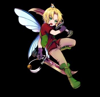 1boy antonia_(merc_storia) black_background blonde_hair boots brown_pants curtained_hair dual_wielding elf fairy_wings fighting_stance full_body gloves green_boots green_eyes green_vest holding holding_sword holding_weapon merc_storia merc_storia_art_team official_art open_clothes open_mouth open_vest pants pointy_ears purple_gloves red_shirt shirt short_hair simple_background solo standing standing_on_one_leg sword tachi-e teeth upper_teeth_only v-shaped_eyebrows vest weapon wings