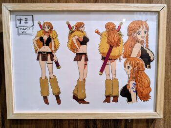 1girl alternate_costume alternate_hairstyle artist_name bracelet braid breasts brown_eyes capelet cleavage crop_top curvy full_body fur-trimmed_capelet fur_trim jewelry large_breasts long_hair looking_at_viewer midriff multiple_views nami_(one_piece) nami_(one_piece)_(elbaf) official_alternate_costume official_alternate_hairstyle official_art one_piece open_mouth orange_hair photo_(medium) reference_sheet shoulder_tattoo solo sword sword_on_back tattoo toei_company turnaround weapon_on_back wide_hips yellow_capelet