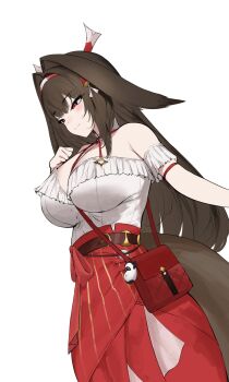 Rule 34 | 1girl, animal ears, bag, bare shoulders, blush, breasts, brown hair, closed mouth, commentary, cowboy shot, droopy ears, dutch angle, fox ears, fox girl, fox tail, hair intakes, hair ornament, highres, large breasts, long hair, mulhubs, red eyes, red skirt, shirt, shoulder bag, simple background, skirt, smile, solo, tail, white background, white shirt, ye shunguang, zenless zone zero