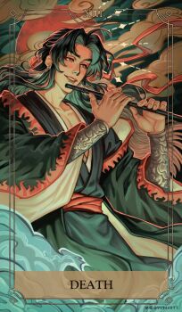 Rule 34 | 1boy, belt, bishounen, black hair, black hanfu, black robe, border, bracer, bright pupils, card (medium), chinese clothes, cloud, color contrast, colored smoke, commentary, cowboy shot, death (tarot), dizi, english commentary, english text, flute, gold border, green light, green sky, hair ribbon, halo, hanfu, highres, holding, holding flute, holding instrument, inset border, instrument, layered clothes, long hair, long sleeves, male focus, modao zushi, moon, night, open mouth, ornate border, playing flute, playing instrument, red belt, red eyes, red moon, red ribbon, red trim, ribbon, robe, roman numeral, sky, smile, smoke, solo, tarot, tarot (medium), transverse flute, underlighting, verbartt, wei wuxian, wei wuxian (yiling laozu), white pupils