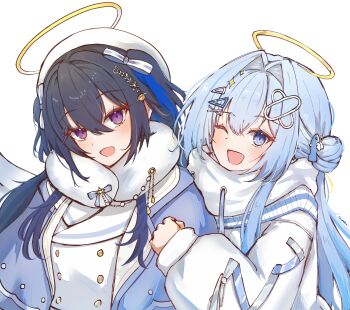 2girls :d absurdres black_hair blue_capelet blue_eyes blue_hair blush capelet commentary eris_suzukami fish_hair_ornament fur_collar hair_between_eyes hair_bun hair_ornament halo hat highres hug ichinose_uruha ichinose_uruha_(7th_costume) jacket jewelry long_hair long_sidelocks long_sleeves looking_at_viewer multiple_girls multiple_hair_clips neck_warmer one_eye_closed open_mouth purple_eyes sidelocks signature simple_background single_side_bun smile sowon_(sowonhae) sweater symbol-only_commentary upper_body virtual_youtuber vspo! vspo!_en white_background white_hat white_jacket white_sweater white_wings wings x_hair_ornament