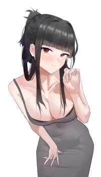 1girl absurdres black_bra black_hair blunt_bangs blush bra bra_peek breasts cleavage closed_mouth commentary covered_navel cowboy_shot d_(killer_wife)_(nikke) d_(nikke) dongtan_dress dress english_commentary goddess_of_victory:_nikke grey_dress hair_intakes highres large_breasts leaning_forward light_smile looking_at_viewer medium_hair official_alternate_costume pencil_dress red_eyes sidelocks simple_background sleeveless sleeveless_dress solo standing twentytwo_(twenty_zwei) underwear white_background
