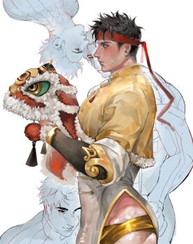 2boys black_hair blush chinese_clothes couple hashtag-only_commentary headband highres holding holding_mask iron_fist_(lion&#039;s_gaze)_(marvel) iron_fist_(marvel) jacket lin_lie_(marvel) male_focus marvel marvel_rivals mask multiple_boys multiple_views official_alternate_costume pearlyx_z peter_parker red_headband short_hair side_slit spider-man spider-man_(series) superhero_costume sweatdrop white_background yaoi yellow_jacket