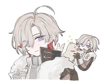 1boy 361_yo ahoge black_gloves blue_eyes coat dog earrings eyes_visible_through_hair fur-trimmed_coat fur_trim genshin_impact gloves grey_hair hair_over_one_eye heart highres illuga_(genshin_impact) jewelry male_focus mole mole_under_eye multicolored_hair one_eye_closed red_hair silver_trim single_earring sweater turtleneck turtleneck_sweater two-tone_hair white_background