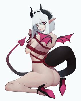 1girl absurdres anemoneeanemone ass back bdsm black-framed_eyewear blunt_bangs blunt_ends bondage bound bound_wrists breast_press breasts colored_shoe_soles demon_girl demon_horns demon_tail demon_wings faye_(vtuber) from_behind hair_intakes high_heels highres horns indie_virtual_youtuber long_pointy_ears looking_at_viewer looking_back medium_breasts medium_hair mole mole_on_ass mole_on_back mole_on_breast mole_on_shoulder mole_under_mouth nude pointy_ears red_eyes red_rope rope round_eyewear simple_background sitting solo tail virtual_youtuber wariza white_background white_hair wings