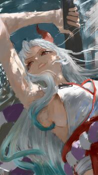 1girl absurdres arm_up armpits breasts brush_stroke club_(weapon) cuffs curled_horns daodtt dress from_below hashtag-only_commentary highres horns japanese_clothes kimono large_breasts low-cut_armhole multicolored_hair one_piece oni orange_eyes parted_lips red_horns shackles sideboob sleeveless sleeveless_kimono solo streaked_hair traditional_media weapon white_hair yamato_(one_piece)