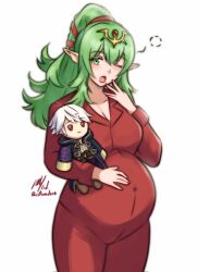 Rule 34 | 1girl, ;o, breasts, character doll, cleavage, cowboy shot, fire emblem, fire emblem awakening, green eyes, green hair, hair ornament, hair ribbon, hand on own stomach, highres, large breasts, long hair, long sleeves, nintendo, one eye closed, pajamas, pointy ears, ponytail, pregnant, red pajamas, red ribbon, ribbon, robin (fire emblem), robin (male) (fire emblem), rotomdocs, solo, tiara, tiki (adult) (fire emblem), tiki (fire emblem), yawning