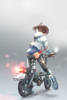 1girl absurdres ass bicycle black_thighhighs blue_one-piece_swimsuit brown_eyes brown_hair commentary_request from_behind grey_background highres hood hooded_jacket i-401_(kancolle) jacket kantai_collection license_plate long_sleeves looking_at_viewer looking_back one-piece_swimsuit ponytail riding riding_bicycle shoes simple_background sneakers solo swimsuit swimsuit_under_clothes thighhighs white_jacket white_shoes wokyu_(houkago_no_megane)
