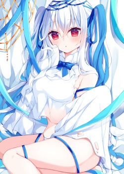 1girl :o blue_hair blue_ribbon blush breasts commentary_request crop_top crop_top_overhang curtains grey_hair hair_between_eyes hair_ribbon highres large_breasts long_hair long_sleeves looking_at_viewer maki_soutoki multicolored_hair original panties parted_lips red_eyes ribbon shirt sitting skindentation sleeves_past_fingers sleeves_past_wrists solo two-tone_hair two_side_up underwear very_long_hair white_panties white_shirt white_sleeves