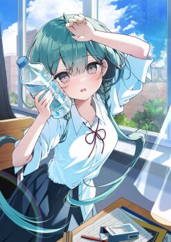 1girl absurdres ahoge aqua_hair bandaid bandaid_on_finger bandaid_on_hand black_skirt book bottle building chair classroom cloud cloudy_sky collarbone collared_shirt commentary curtains desk dress_shirt grey_eyes ham99luv hand_on_own_head highres holding holding_bottle hot indoors long_hair low_twintails neck_ribbon open_book original pen pencil_case pleated_skirt red_ribbon ribbon school school_desk see-through_curtains shirt shirt_tucked_in skirt sky sleeves_pushed_up solo sweat symbol-only_commentary twintails water_bottle white_shirt window