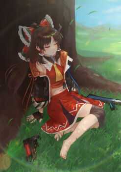 Rule 34 | 1girl, alternate costume, ascot, barefoot, black jacket, blue ribbon, blue sky, blush, bow, brown hair, closed eyes, commentary request, crop top, fingernails, flying grass, foliage, frilled bow, frilled hair tubes, frilled shirt collar, frills, grass, gun, hair bow, hair tubes, hakurei reimu, hakurei reimu (lunar war shaman), handgun, highres, jacket, knee guards, lens flare, lips, long hair, midriff, mizore akihiro, navel, outdoors, parted lips, pink nails, pocket, ponytail, red bow, red ribbon, red shirt, red skirt, ribbon, shirt, sitting, skirt, sky, solo, toenails, touhou, touhou lostword, tree, under tree, undershirt, weapon, yellow ascot, yokozuwari
