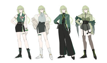 1girl absurdres alternate_costume artist_collaboration bare_shoulders black_boots black_pants black_shirt black_skirt boots breasts brown_jacket commentary earrings english_commentary green_hair green_jacket green_shirt hair_between_eyes hand_on_own_hip highres honkai_(series) honkai_impact_3rd jacket jewelry large_breasts long_hair looking_at_viewer mobius_(honkai_impact) mobius_(pre-surgery)_(honkai_impact) multiple_views off_shoulder pants purple_eyes reference_sheet sang_sha shirt simple_background sketch skirt white_background zelian