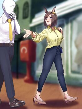 1boy 1girl air_groove_(umamusume) animal_ears belt belt_buckle blue_pants blurry blurry_background brown_belt brown_hair buckle collared_shirt denim highres horse_ears horse_girl horse_tail jeans necktie nitoromanbo pants purple_eyes shirt tail tight_clothes tight_pants trainer_(umamusume) umamusume walking yellow_necktie yellow_shirt