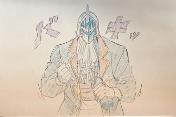 Rule 34 | 1boy, abs, absurdres, armor, clenched hands, formal clothes, helmet, highres, kinnikuman, looking at viewer, photo (medium), robin mask, solo, sushio