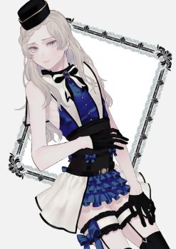 Rule 34 | 1girl, bare shoulders, black gloves, black hat, black thighhighs, blue bow, blue shirt, blue skirt, blush, bow, braid, commentary request, corset, cowboy shot, earrings, garter belt, gem, gloves, grey eyes, hat, jewelry, legs, long hair, looking at viewer, mege (megechan), military uniform, miniskirt, nervous, original, ribs, sailor hat, shirt, simple background, skirt, solo, sweatdrop, thighhighs, thighs, white background